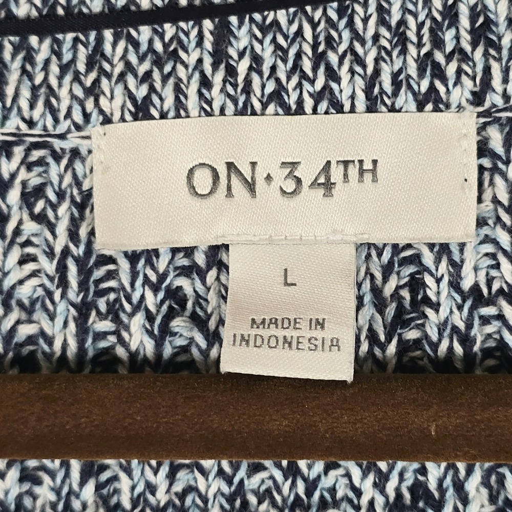 ON‎ 34TH Womens Blue White Marled Cotton Knit Cardigan Gold Crest Buttons Large - Picture 2 of 10